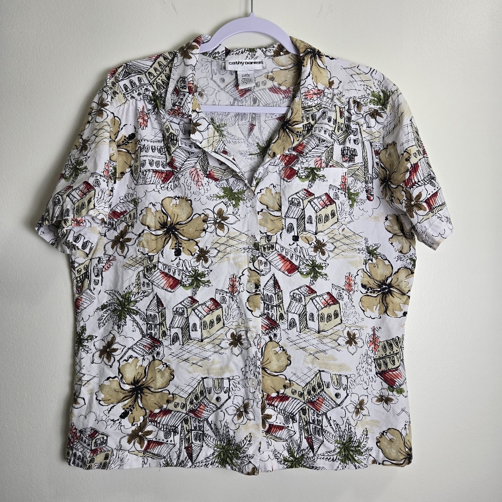 VTG Cathy Daniel's Hawaiian Artsy‎ Drowning Rockabilly Novelty Print Shirts L